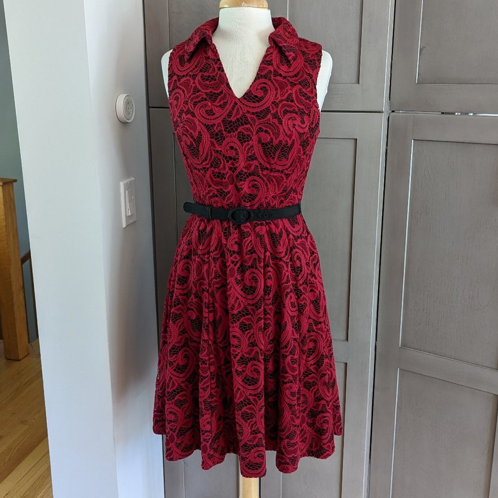 Red Lace Overlay on Black Midi Dress - Size 6